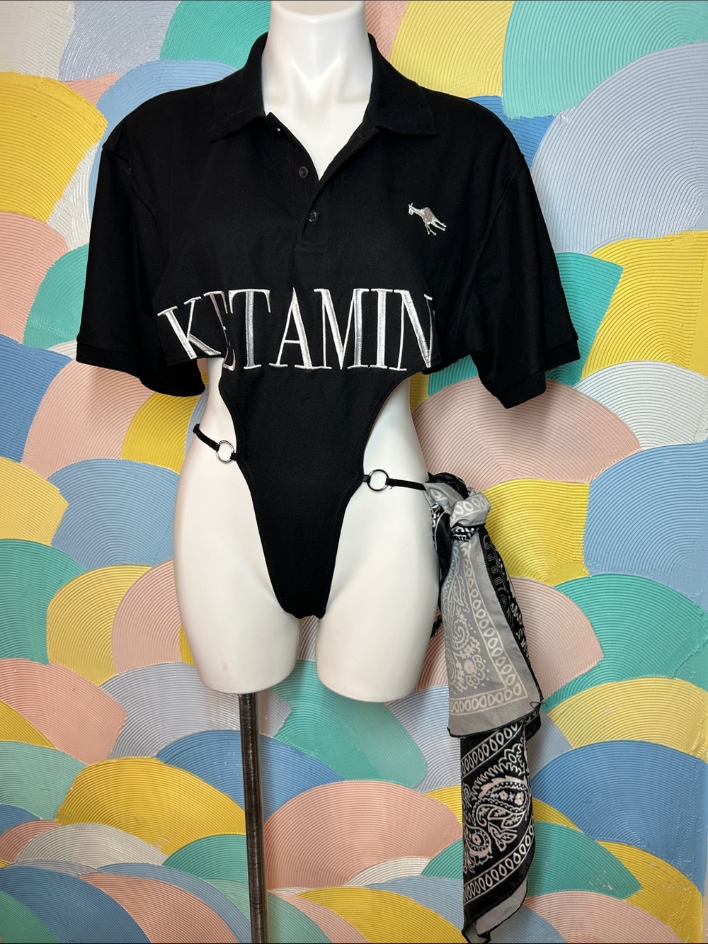 NAMILIA Black Knit Bodysuit Polo with White Logo with bandana sz S